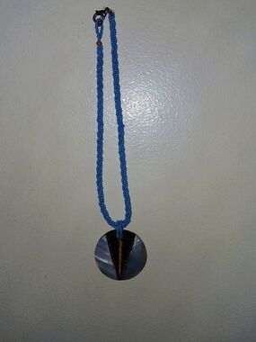 Blue Beaded Necklace with Iridescent Shell Disc Pendant